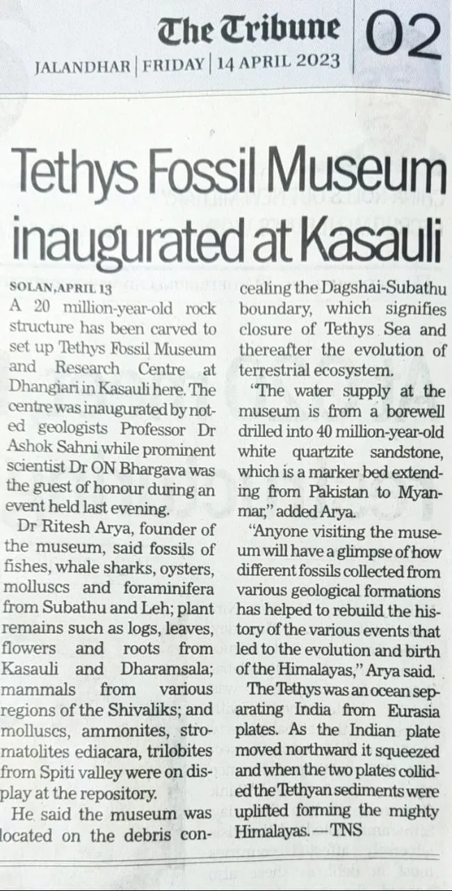 Tethys Fossil Museum inaugurated at Kasauli - The Tribune  14 April 2023 